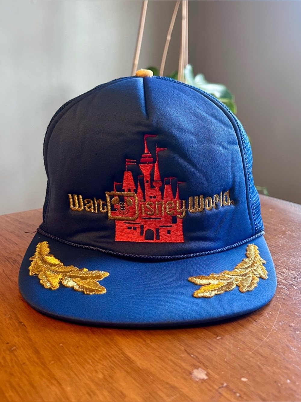Vintage Walt Disney World ‘80s Embroidered Blue Gold Mesh Back Trucker Hat